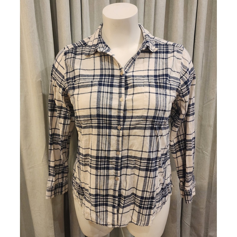 Croft & Barrow Womens XXL Plaid Flannel Shirt Navy Blue White Cotton Button Down